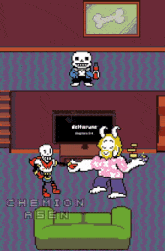 a pixel art drawing of papyrus and sans playing video games