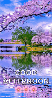 a good afternoon greeting card with a lake surrounded by trees and flowers
