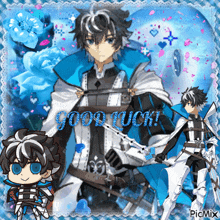 a picture of a boy with a sword and the words good luck on it