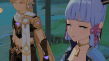 a girl with purple hair is standing next to a boy in a video game