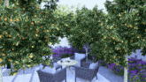 a patio with a table and chairs surrounded by fruit trees