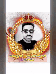 a picture of a man with sunglasses and a crown says welcome to music hub jn family