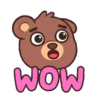 a brown teddy bear with a surprised look on its face and the word wow written in pink