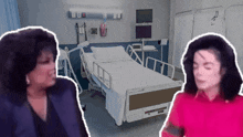 a woman and a man are standing in a hospital room with a hospital bed in the background