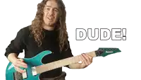 a man with long curly hair is playing a blue ibanez electric guitar