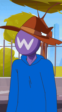 a cartoon character wearing a blue hoodie and a brown hat has a white w on his face