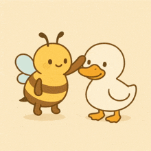 a bee and a duck are standing next to each other with chinese writing behind them