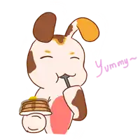 a cartoon of a dog eating pancakes with the words yummy written below it