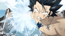 a shirtless anime character with a cross necklace on
