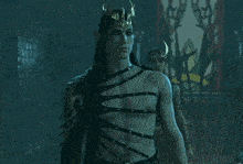 a man with a crown on his head stands next to a woman with a sword