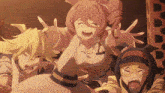 a group of anime characters are standing next to each other and one of them is screaming .