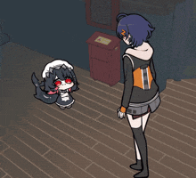 a cartoon drawing of a girl standing next to a small dog