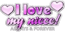 i love my niece always and forever is written in purple letters with hearts .