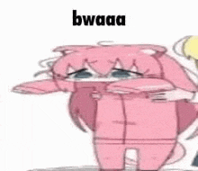 a cartoon of a girl in a pink pig costume covering her eyes .
