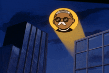 a cartoon of a man with sunglasses and a mustache is being projected from the sky