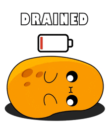 a cartoon drawing of a potato with a drained battery next to it