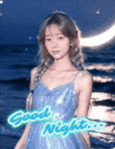 a girl in a blue dress is standing in front of a crescent moon and the words good night