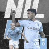 a soccer player wearing a light blue shirt with cazoo on the front