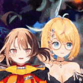 two anime girls are standing next to each other and one has glasses
