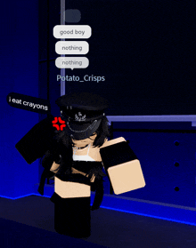 a girl in a black hat says good boy nothing nothing and potato crisps
