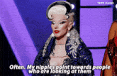 a drag queen says often my nipples point towards people who are looking at them on a purple background