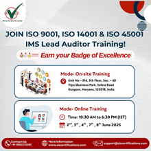 an advertisement for an iso 9001 iso 14001 and iso 45001 lead auditor training