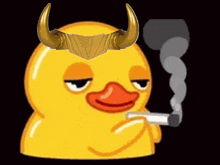 a yellow rubber duck with horns on its head smoking a cigarette