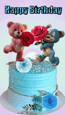a happy birthday card with two teddy bears on top of a blue cake