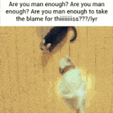 a cat and a dog are standing on a wooden floor with the caption " are you man enough are you man enough "