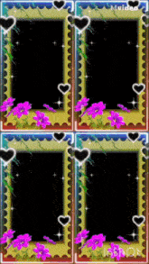 four frames with purple flowers and black hearts are displayed