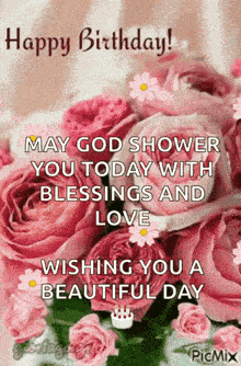 a happy birthday card with a bouquet of pink roses and the words `` may god shower you today with blessings and love ''
