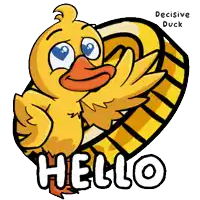 a yellow cartoon duck says hello with a heart in the background