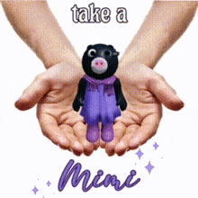 a picture of two hands holding a stuffed animal with the words take a mini