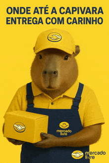 a capybara wearing a yellow shirt and blue overalls is holding a box with mercado livre on it