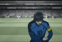 a soccer player with the number 10 on his jersey stands on the field