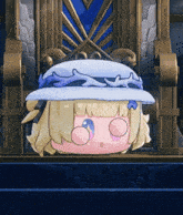 a cartoon character is sitting on a throne with a hat on