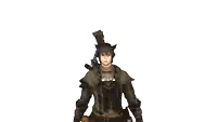a man in a costume with a sword on his shoulder stands in front of a white background
