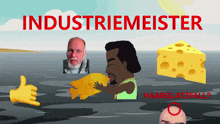 a cartoon of a man holding a fish with the words industriemeister written above him