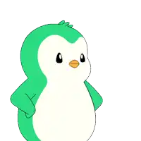 a green and white cartoon penguin holding a can of soda
