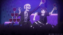 a skeleton and a girl are dancing in front of a crowd with a purple background
