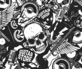 a black and white drawing of a guitar shop with a skull wearing headphones and a guitar