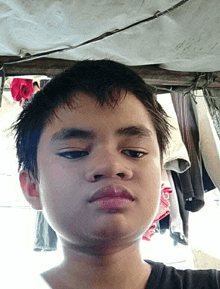 a young boy with a black shirt on is looking at the camera