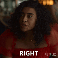a woman in a red dress has the word right on her chest