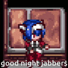 a pixel art of a girl standing in front of a window with the words " good night jabbers " below her