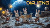 a group of stuffed rabbits playing drums and guitars with the word diajeng in the background