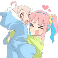a girl in a blue hoodie is holding another girl in a green shirt