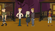 a group of cartoon characters are standing in front of a house