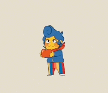 a cartoon character is holding an apple on his head while dancing .