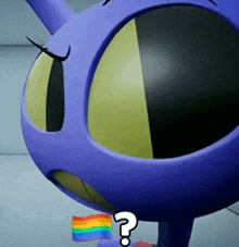 a purple cartoon character has a rainbow flag in its mouth and a question mark above it