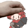 a hand is petting a cartoon character 's head .